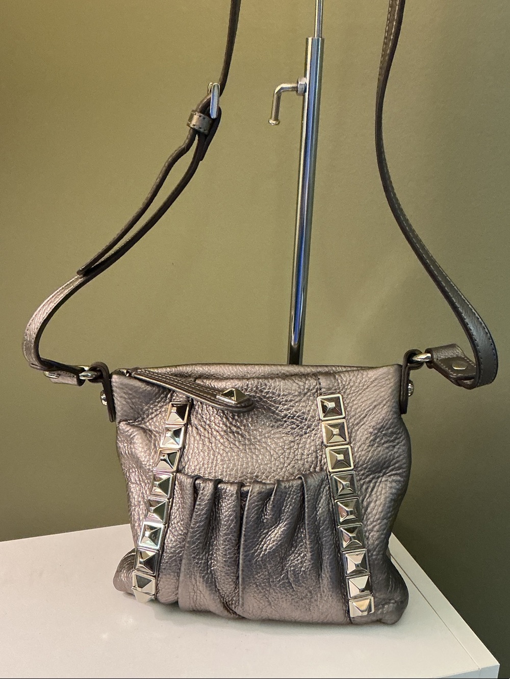 b. makowsky Metallic Pewter Studded Crossbody Bag Animal Print Interior GUC